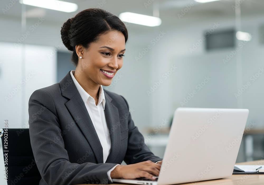 Smiling Businesswoman Working on Laptop in Modern Office Environment Smiling Businesswoman Working on Laptop in Modern Office Environment