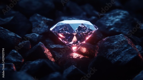 Glowing diamond amidst dark rocks, mining, wealth, luxury