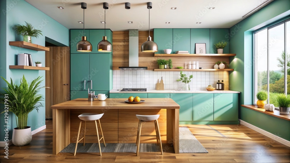 Fototapeta premium Modern Minimalist Kitchen with Wooden Tabletop, Stylish Decor, Natural Light, Simple Elegance, Clean Lines, Functional Space, Contemporary Design, Warm Tones, Cozy Atmosphere