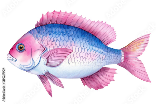 A colorful fish with pink and blue scales, prominent fins, and a distinct shape, showcasing vibrant hues and intricate patterns.