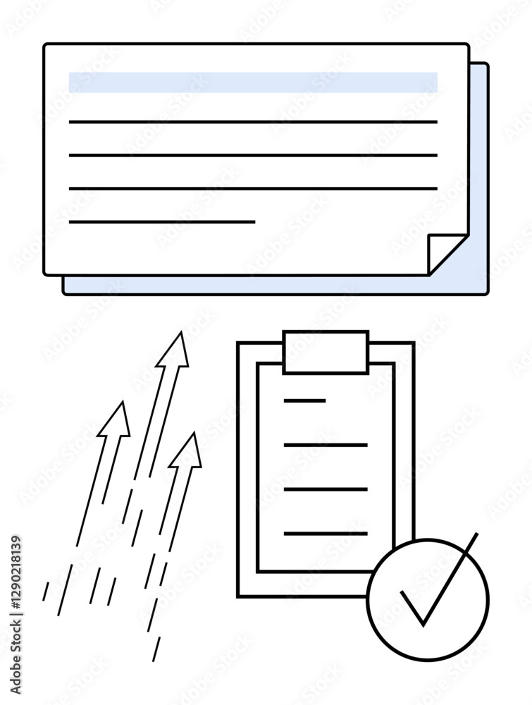 Documents stacked, checklist on clipboard with tick mark, upward arrows symbolizing growth or progress. Ideal for productivity, planning, management, organization, efficiency, goals abstract line Documents stacked, checklist on clipboard with tick mark, upward arrows symbolizing growth or progress. Ideal for productivity, planning, management, organization, efficiency, goals abstract line
