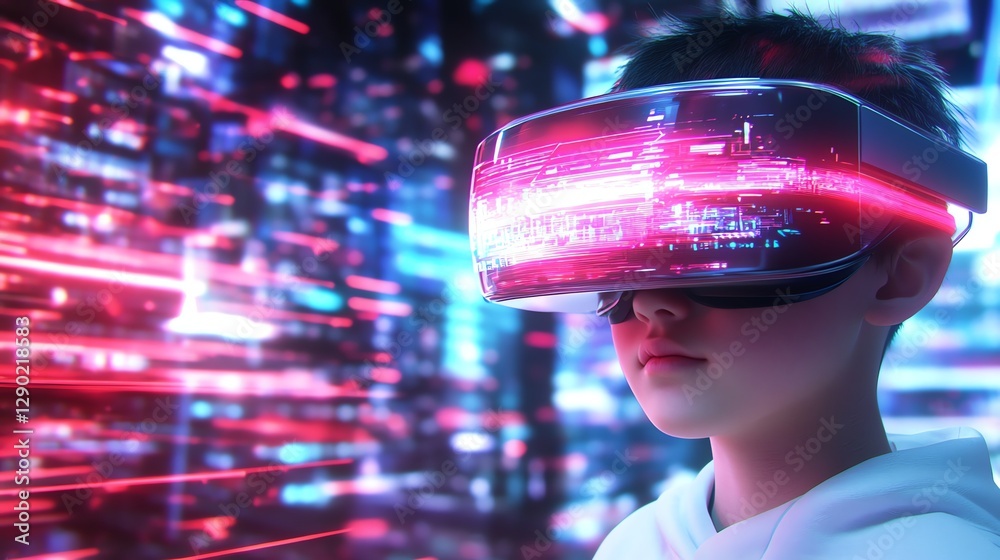 A close-up of a person immersed in a vibrant VR experience, glowing visuals, and red-blue lights. Capturing innovation, technology, and human engagement. A close-up of a person immersed in a vibrant VR experience, glowing visuals, and red-blue lights. Capturing innovation, technology, and human engagement.
