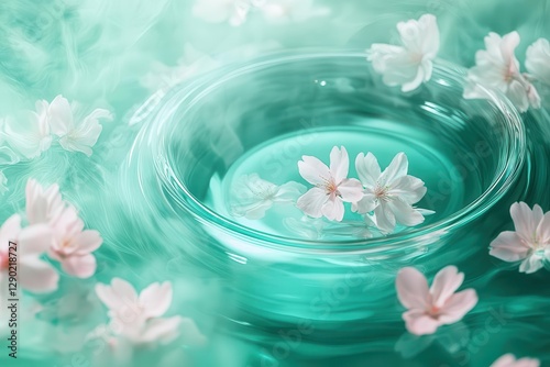 sakura petals float in a neon teal ring, shimmering mist swirls in soft greens, evoking a tranquil fusion of nature and futuristic light.