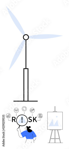 Woman examining risk factors with icons, wind turbine, and data chart board. Ideal for sustainability, energy, analysis, decision-making, innovation, research abstract line flat metaphor