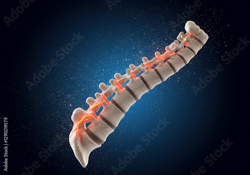 Spine Vertebrae Illustration Medical Anatomy with Orange Nerves on Dark Background photo