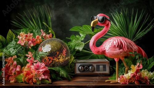 Flamingo with Sunglasses, Disco Ball Retro Radio - Tropical Party Fun