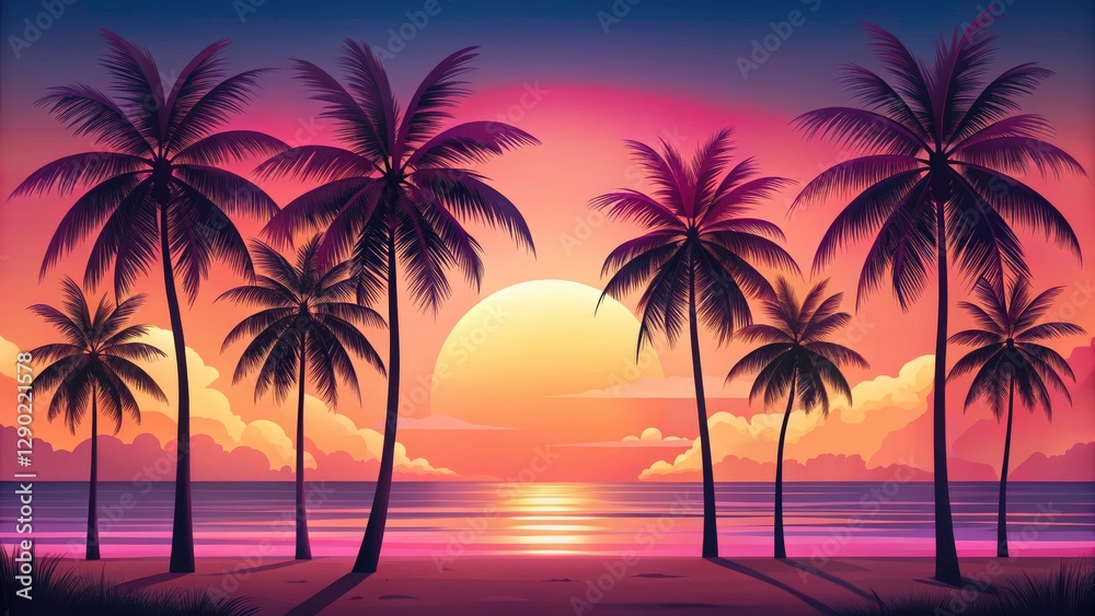 Pink Palm Silhouette Beach Sunset Illustration - Flat Design, Rule of Thirds Pink Palm Silhouette Beach Sunset Illustration - Flat Design, Rule of Thirds