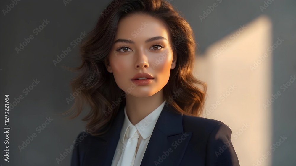 Professional Portrait of Young Asian Woman in Dark Blazer and White Shirt, with Long Wavy Hair and Blurred Warm Background. Professional Portrait of Young Asian Woman in Dark Blazer and White Shirt, with Long Wavy Hair and Blurred Warm Background.