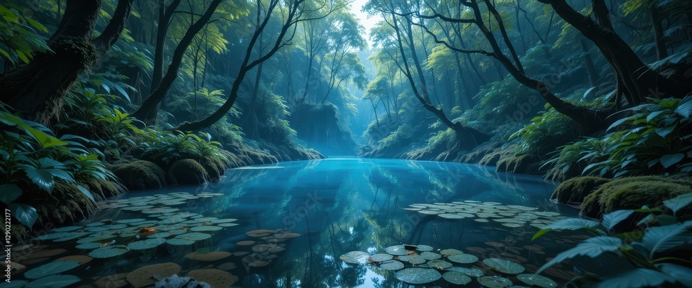 Serene Tranquil Blue Pond in Lush Green Forest Mystical Nature Scene Peaceful Calm Water Serene Tranquil Blue Pond in Lush Green Forest Mystical Nature Scene Peaceful Calm Water