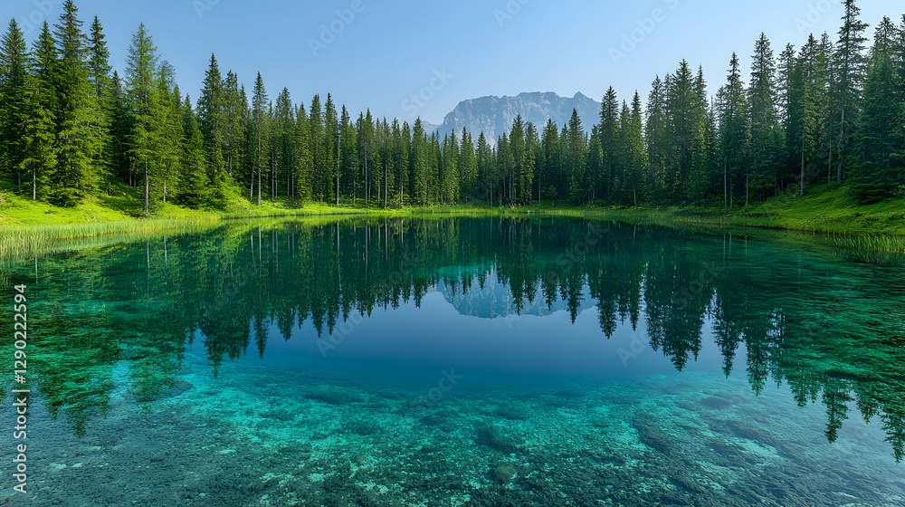 Obraz premium Crystal-clear Alpine Lake, Misty Mountains, Pine Forest