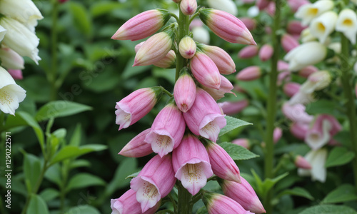 Foxglove (Digitalis purpurea) A tall, biennial plant with spikes of tubular flowers in shades of purple, pink, white, and yellow. photo