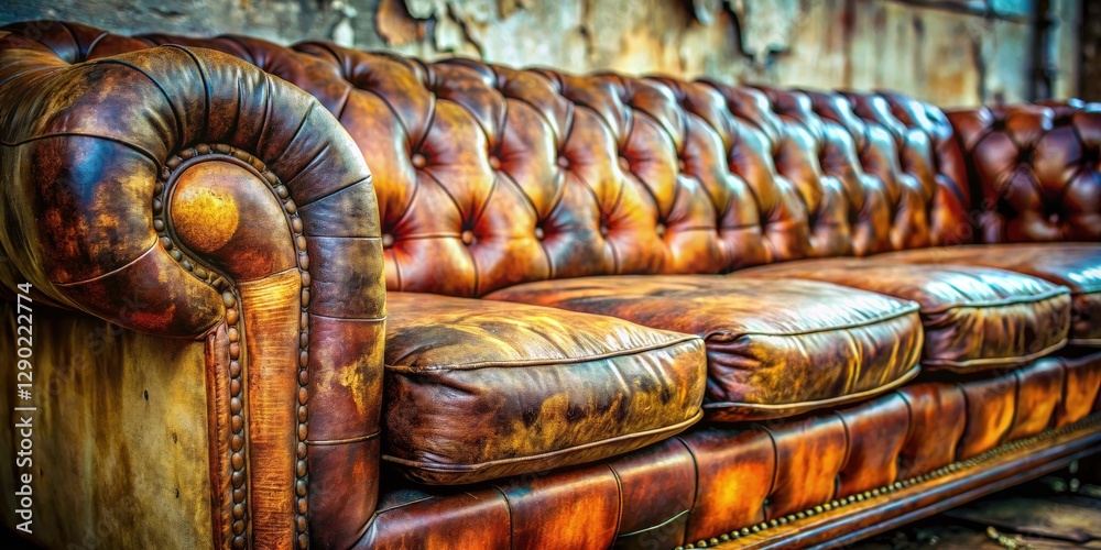 Fototapeta premium Rustic Charm of an Old Leather Sofa - Weathered Textures, Vintage Aesthetic, Cozy Living Room Decor, Close-Up Details of Furniture, Interior Design Inspiration, Home Style, Nostalgic Vibes