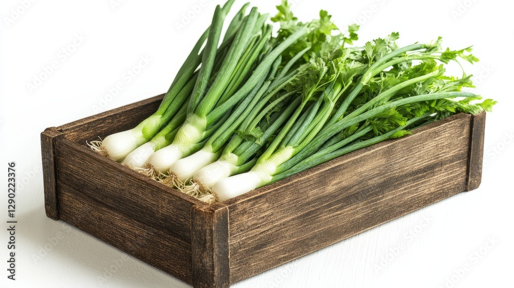 A small wooden box packed with fresh scallions and herbs, bright greens isolated on white A small wooden box packed with fresh scallions and herbs, bright greens isolated on white