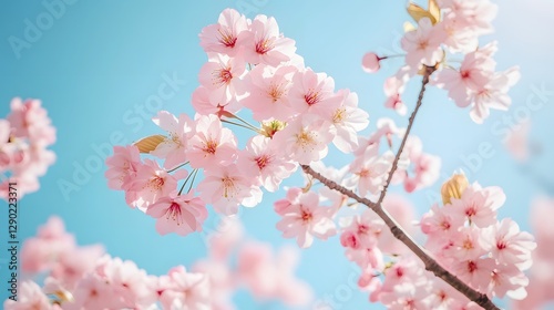 A soft pink cherry blossom tree in full bloom against a clear blue sky