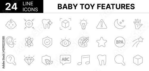 Collection of 24 Baby toy features line icons featuring editable strokes. These outline icons depict various modes of Baby toy features, icon, children, toy, , tactile, development, skill, coordinatio