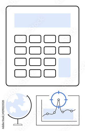 Calculator, globe, and data chart with target icon highlighting global calculation, analytics, and statistics. Ideal for education, finance, technology, research global strategy planning abstract