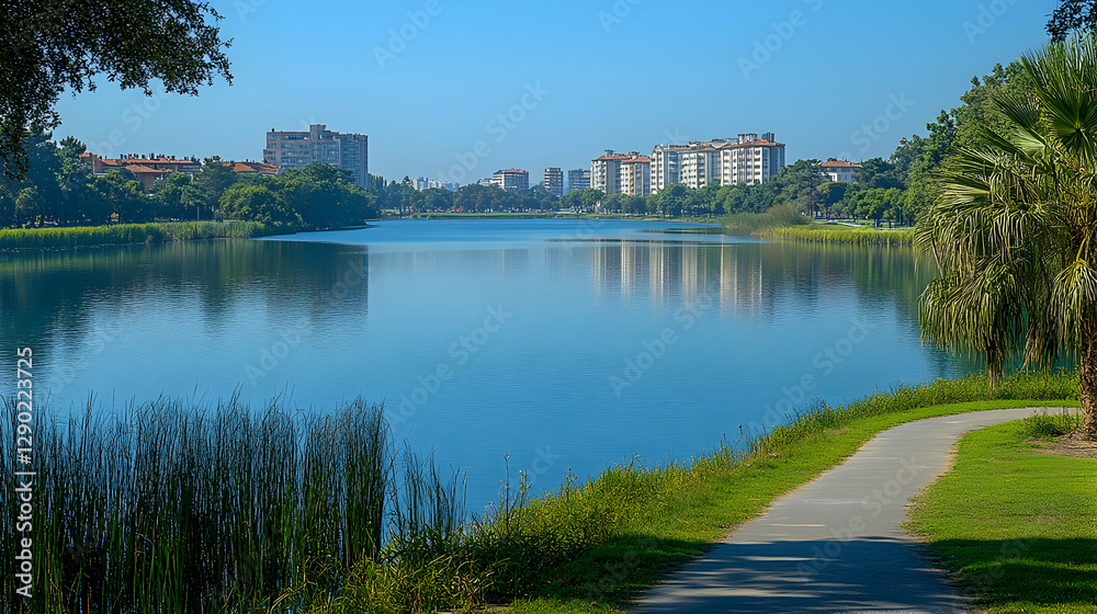 Lakeside park path, sunny day, calm water, city view Lakeside park path, sunny day, calm water, city view
