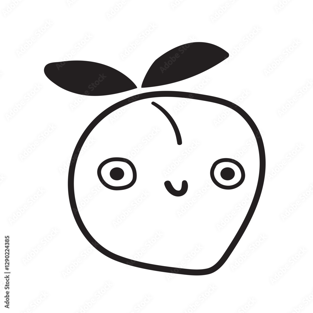 Obraz premium Funny peach. Fruit. Cute smiling character. Outline illustration on white background.