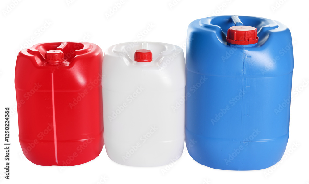 Three colorful plastic canisters isolated on white Three colorful plastic canisters isolated on white