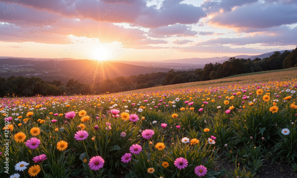 Obraz premium Rolling hills covered in wildflowers at golden hour for spring and inspirational themes. A series of gently rolling hills blanketed with colorful wildflowers