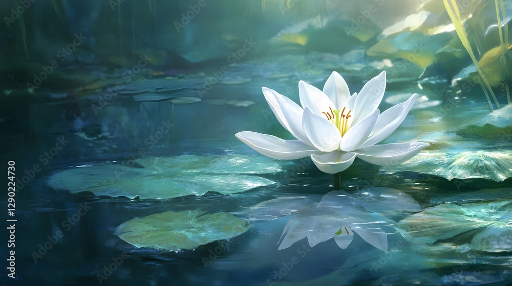 Fototapeta premium A gentle breeze lifting the petals of a white lily in a serene garden