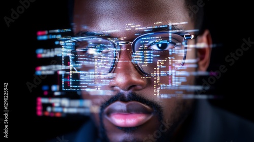 Wallpaper Mural A close-up of a man’s intense gaze, glasses reflecting digital code. Dark background with glowing text, symbolizing tech expertise and innovation." Torontodigital.ca