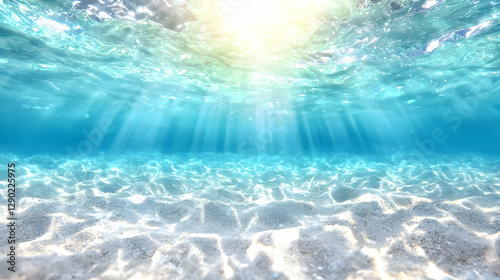Underwater sunbeams illuminate ocean floor sand