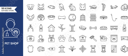 Pet Shop icon set in line style. Petshop, animals, dog, cat and more. Vector illustration