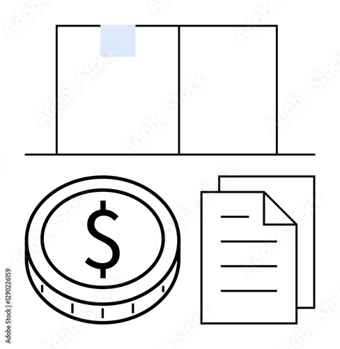 Coin emphasizing money, folded documents, and large files representing resource allocation. Ideal for finance, banking, budgeting, accounting, investments, savings abstract line flat metaphor