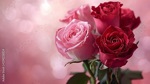 A bouquet of roses in various shades of pink and red with soft bokeh in the background