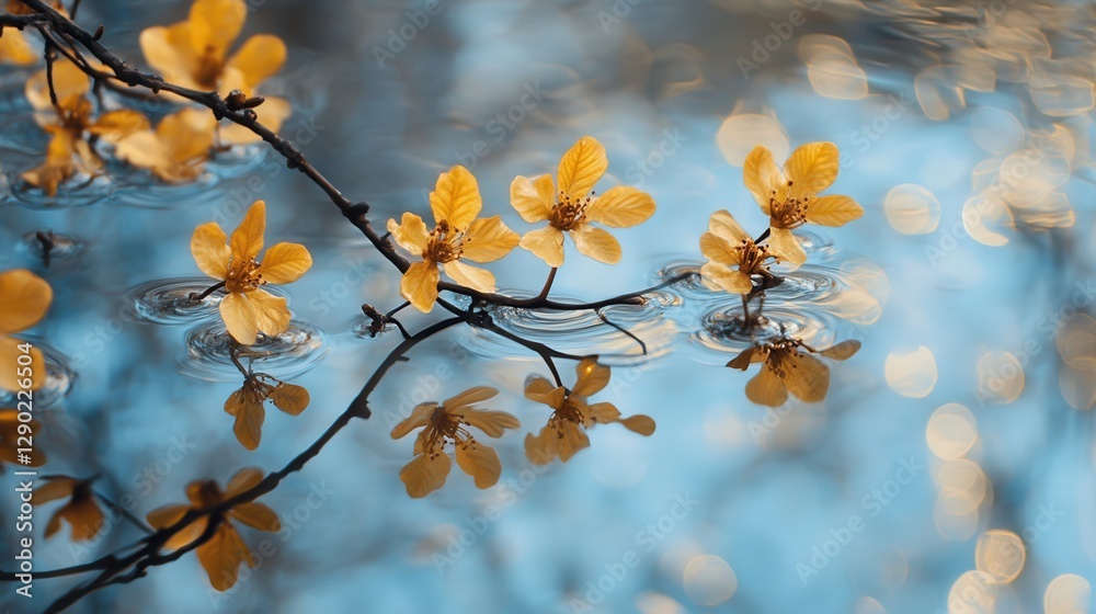 Yellow flowers on a branch, gently touching calm water. Perfect for spring, nature, serenity, or tranquility themes. Yellow flowers on a branch, gently touching calm water. Perfect for spring, nature, serenity, or tranquility themes.