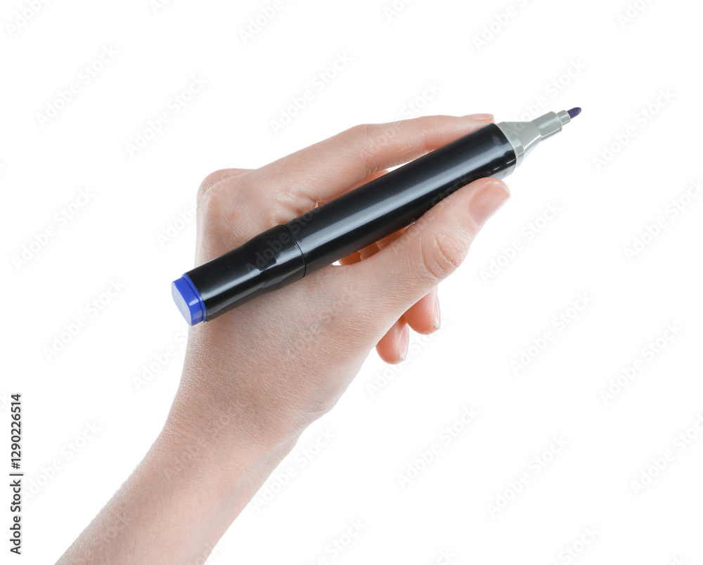 Woman with double sided marker on white background, closeup Woman with double sided marker on white background, closeup