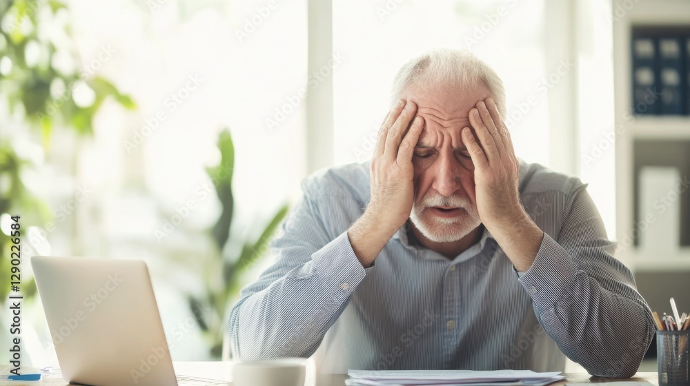 Retirement financial stress in a cozy home office. Featuring anxiety and doubt Retirement financial stress in a cozy home office. Featuring anxiety and doubt