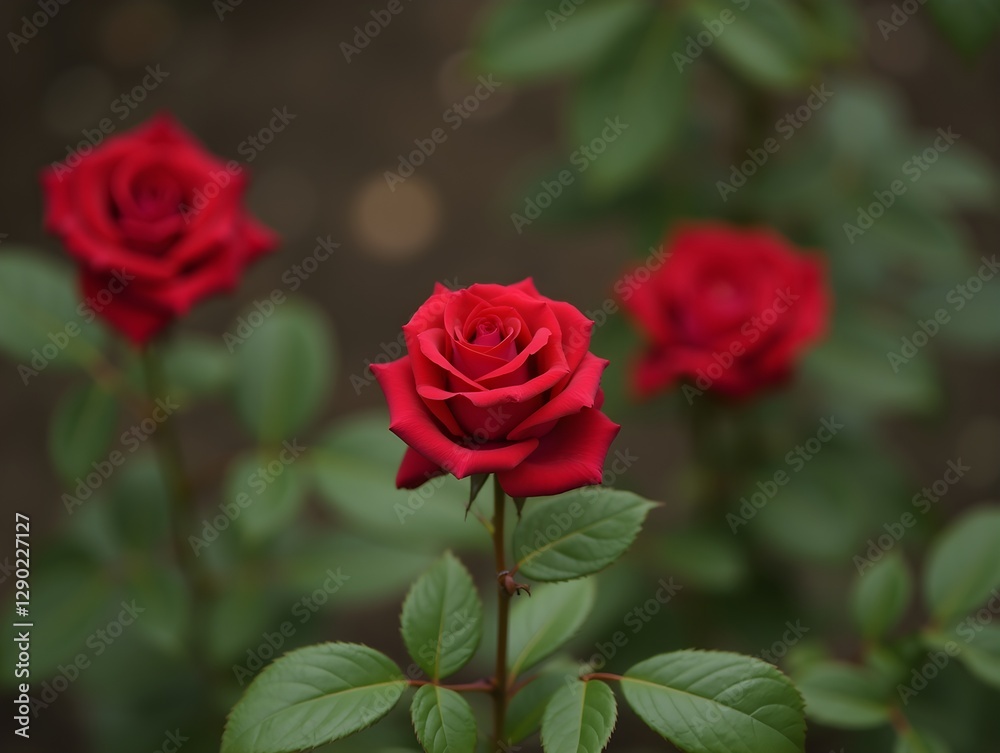 Three red roses are in a garden with green leaves. The roses are in the foreground and the background is blurry. The image has a romantic and peaceful mood Three red roses are in a garden with green leaves. The roses are in the foreground and the background is blurry. The image has a romantic and peaceful mood