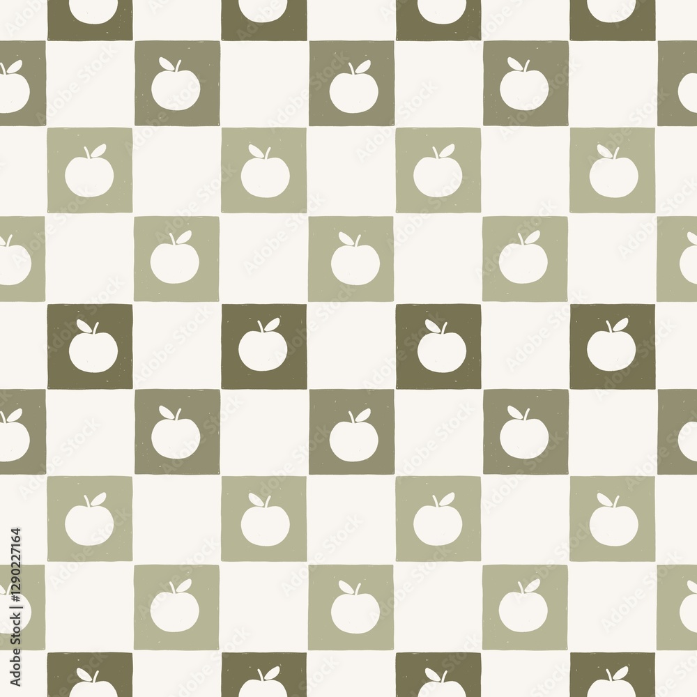 Fototapeta premium Seamless Pattern Checkered Vintage Green Apple. Gingham Retro Apple Illustration. Rustic Patchwork Hand drawn Apple Garden Background.