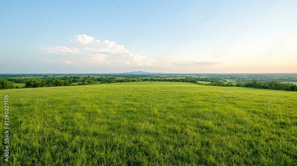 Panoramic view of grassy hilltop landscape at sunset with distant mountains. Possible use Stock photo