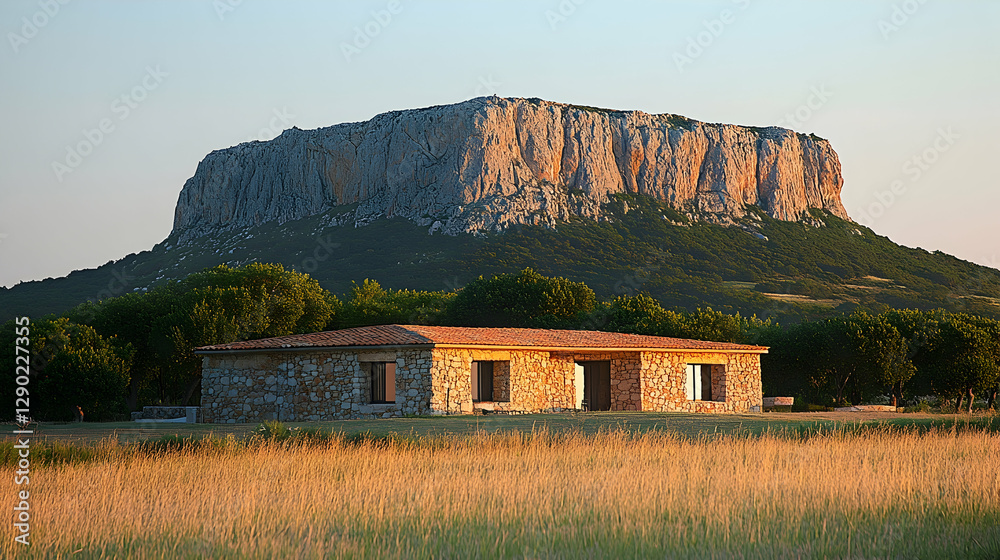 Rustic stone house at sunset, mountain backdrop Rustic stone house at sunset, mountain backdrop