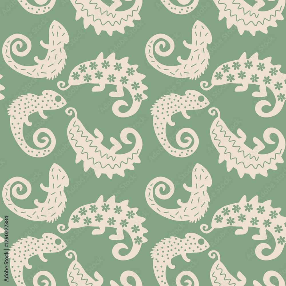 Obraz premium Seamless Pattern Boho Chameleon Tribal Modern. Bohemian Motif Lizard Reptile Illustration. Minimalist Chameleon Art Repeat Pattern.