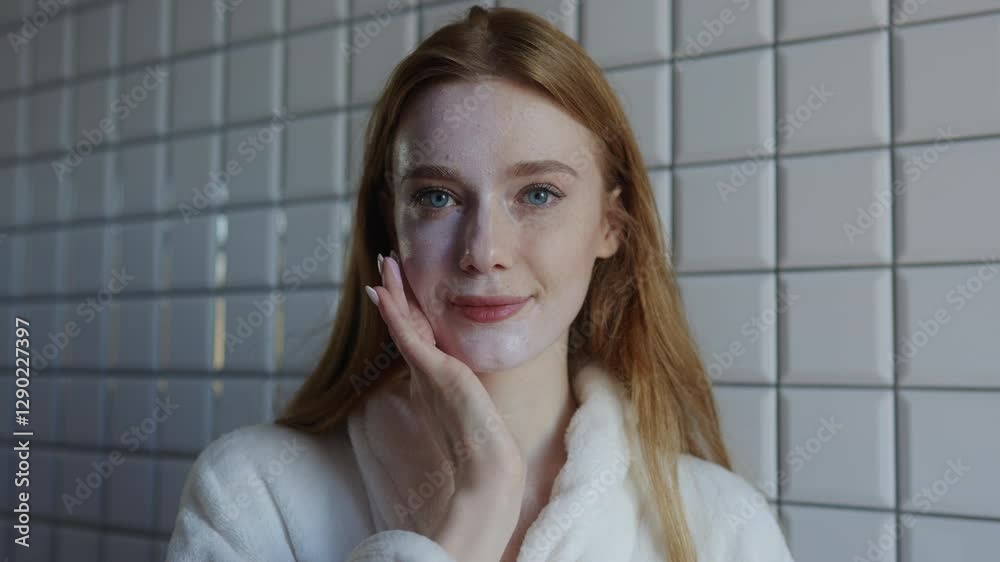 A woman is applying her skincare products in a beautifully designed modern bathroom setting A woman is applying her skincare products in a beautifully designed modern bathroom setting