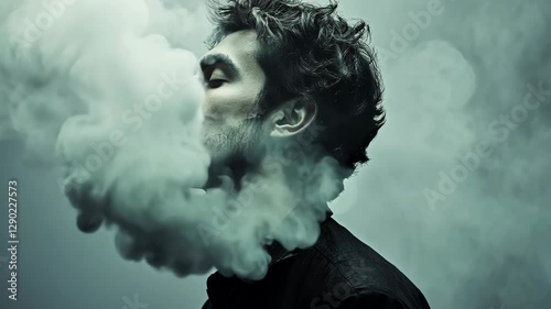 Man exhaling smoke in a dimly lit environment with an artistic touch captures an intriguing moment of contemplation