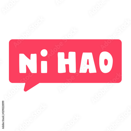 NI HAO. Red speech bubble. Hello in Chinese. Vector illustration on white background.