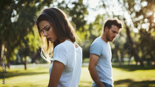 Relationship tension at a park where a couple avoids walking together. Featuring frustration and emotional disconnect