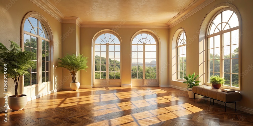 Fototapeta premium Sunlit Empty Room with Arched Windows and Door, Inviting Natural Light, Spacious Interior, Minimalist Decor, Ideal for Relaxation or Creative Space, Bright and Airy Atmosphere