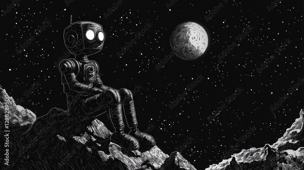 Robot sitting on a rocky surface, gazing at the distant moon