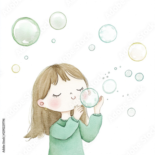Bubbles in the Air: Minimalist Isolated Scene of a Person Blowing Colorful Soap Bubbles with a Soft Background Capturing the Joy and Playfulness of Childhood Moments