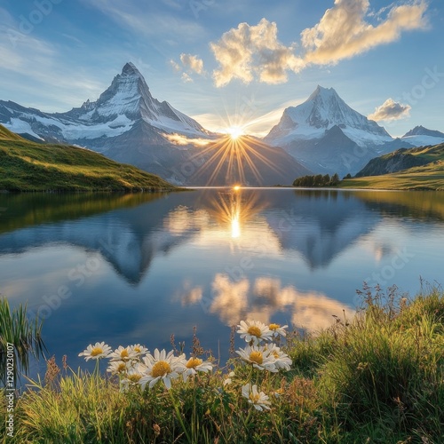 Sunrise over Swiss Alps lake with wildflowers photo