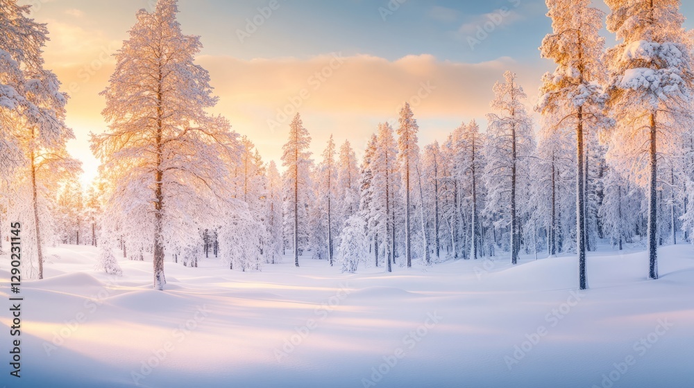 Snowy Lapland sunset with frozen trees, serene winter beauty in Saariselka.
Snowy Lapland sunset with frozen trees, serene winter beauty in Saariselka.
