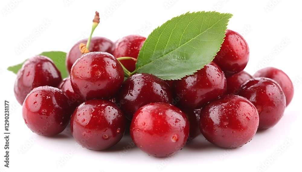 Fresh Cherries with Leaves on White Background Fresh Cherries with Leaves on White Background