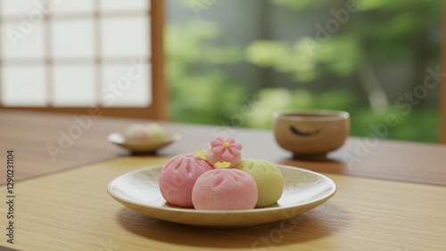 Japanese wagashi with matcha and sakura flavors