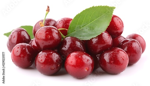 Fresh Cherries with Leaves on White Background